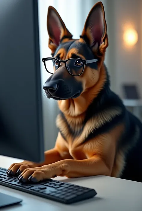 German shepherd with glasses using a computer