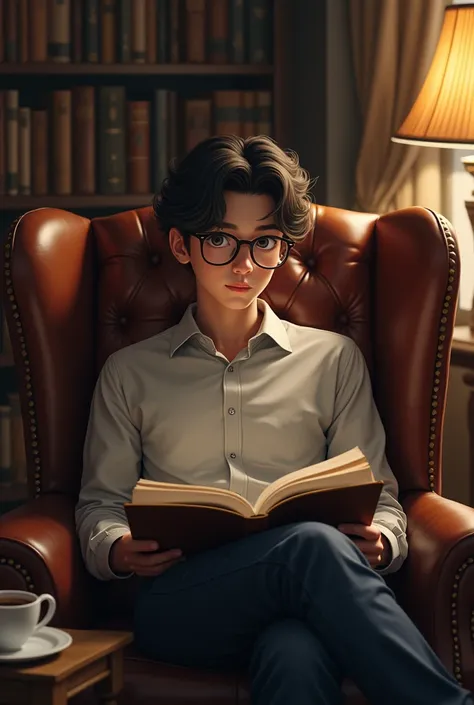 Generate a young man with ,19 years old , glasses sitting in a leather chair reading a book.