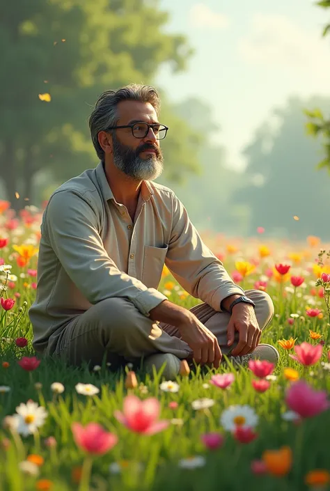 Mr. Hassan sits in a field of flowers
