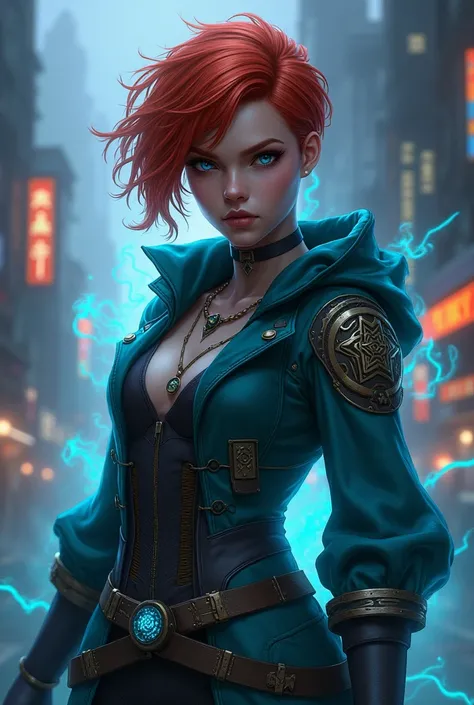 Create an Arcane League of Legends-style character from Netflix: Short red hair , blue eyes.