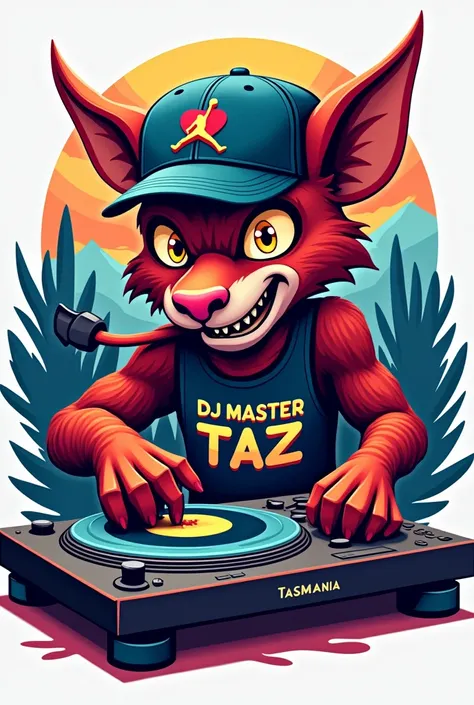 I want a 3D Tasmania logo with a Jordan cap and a DJ turntable that says DJ master taz in Spanish 