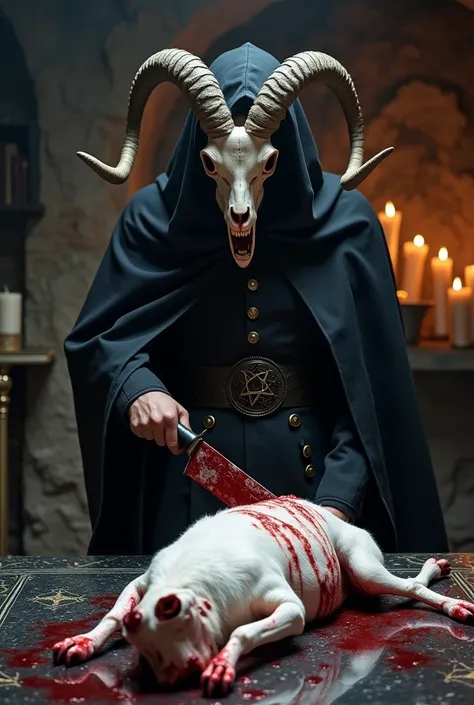   create a powerful and realistic image of a man wearing a black hooded cape for a ritual  ,  goat skull mask  ,  holding a blood-stained ritualistic dagger and on a black granite table with ritualistic designs is a large white goat stained with dead blood...