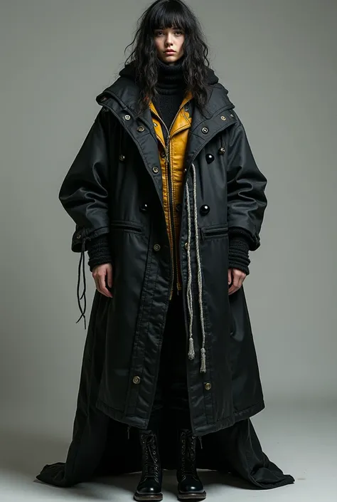 Large and unusual fashion coat that represents melancholy with black spheres, , the burden with messy gray laces and maternal love with yellow and orange 
