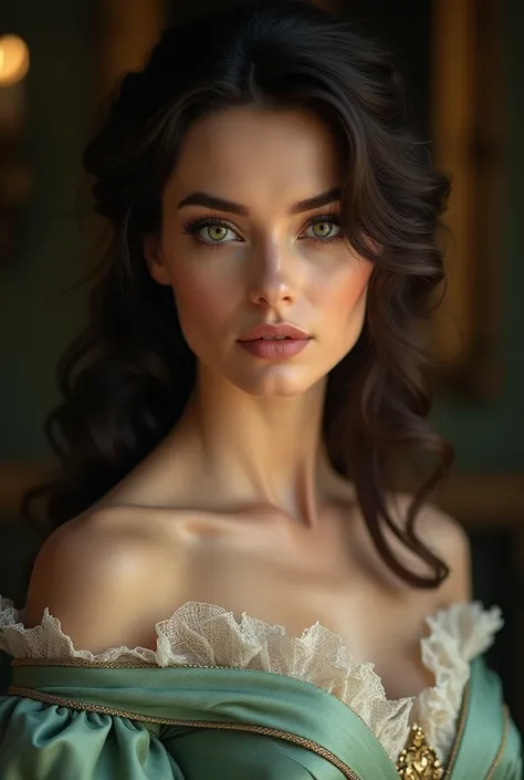 Create a super realistic image,  clothes where there is a woman with dark brown hair, emerald green eyes,  full lips , And wearing Ariatocrat 