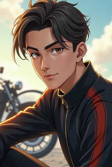 Young man with an aretic complexion mesoform brown eyes straight hair with beard and degraded haircut wearing full body sportswear with smile and serious style with a retro motorcycle and elegant square profiled face in anime 