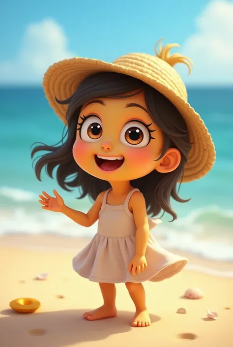 Cute minion girl in beach. Astonished 








