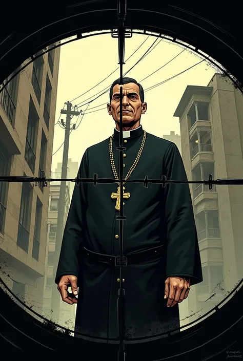 A comic-like image of Monsignor Romero being pointed at a snipers sight 