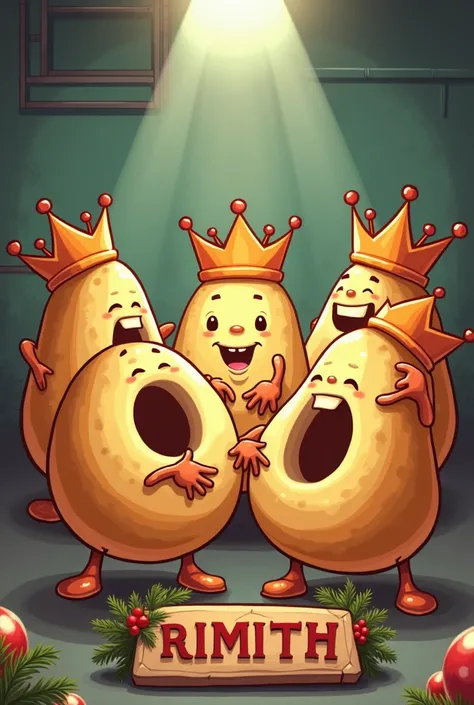 6 round bread crowns and each one with an oyo in the center where you can see the background ,  that they are crowns the color of bread just taken out of the oven , in the form of cartoons with eyes , boca, Hands and feet, Around the crown without interrup...