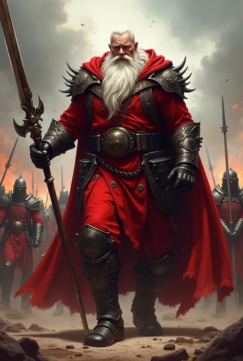 Santa Croz with his red costume and with weapons of war and his battalion