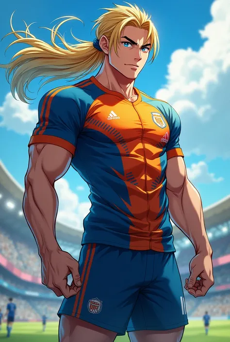  soccer player , adult, long blonde hair tied , blue eyes, uniform, man,  anime style ,  similar to Isagi Yoichi from the anime Blue Lock