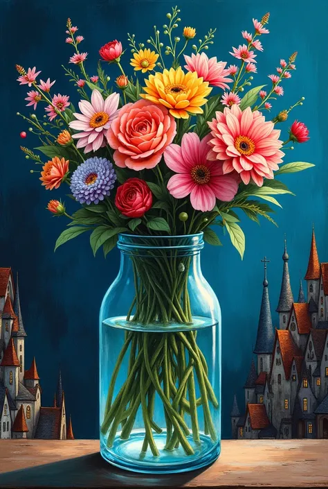 A glass of flowers looking at the Houses with roofs one above the other painting black and blue