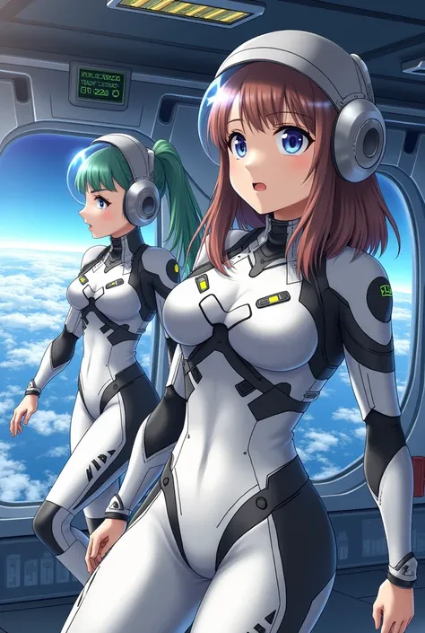 masterpiece:1.4, masterpiece, Highest quality, high resolution, newest, 2girls, friends, (group shot):5, (upper body):5, kyoto animation style, detailed, BREAK space station interior, zero gravity environment, floating, BREAK (white and black mechanical sp...