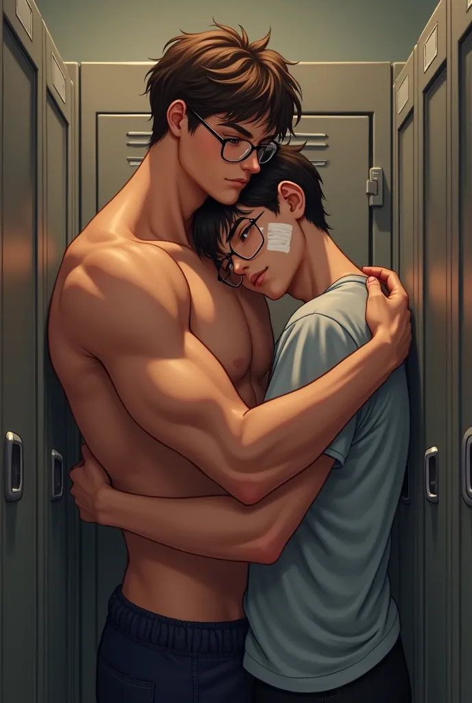  Two 16-year-old friends in a quiet locker room. Dani,  an athletic boy , shirtless, with brown hair and glasses, abraça marcus,  a little taller and thinner ,  with brown hair and eyes ,  he doesn't wear glasses and was wearing a shirt . marcus,  with a bandage on his face ,  places his head on Dani's chest ,  admired by his strong body  ( not so defined , But with a large physical size ) of the friend.  Dani shows trust and welcome , enquanto marcus demonstra respeito e admiração.
