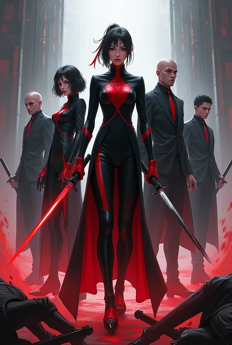 A lightskin family of swordsman and women wearing black suits with a Female lead in the middle wearing a black and red suit and red shoes with dead bodies surrounded (anime style)
