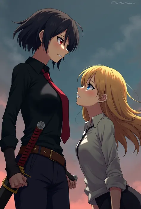 An 18-year-old anime girl with short black hair and sharp red eyes wears pants, a black shirt and a red tie and carries a sword on her waist and stands in front of a girl of the same age and height who has long yellow hair and sad blue eyes full of tears. ...