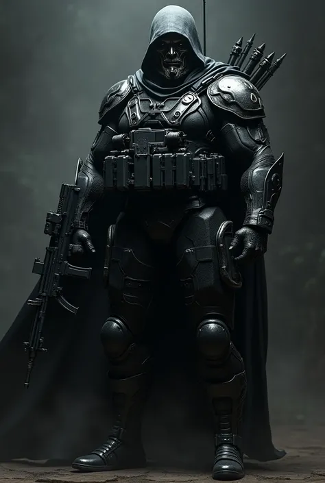 Create man/ high/ strong/ muscular/  Black Military Suit /  Gray detail / Metal mask hides the face/ sword in the back/  ammunition belt /  Tactical headset / Black leather gloves /  Machine gun on the hand / Pistol on the leg /  Knife on the opposite leg ...