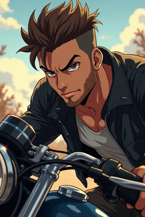 Strong sports-style boy with a profiled face, short degraded brown hair and brown eyes with a retro motorcycle with a black jacket and a thick beard, anime image