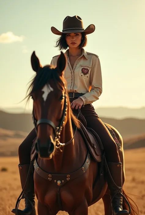 belle femme short hair brune en tenue de cowboy sur un cheval