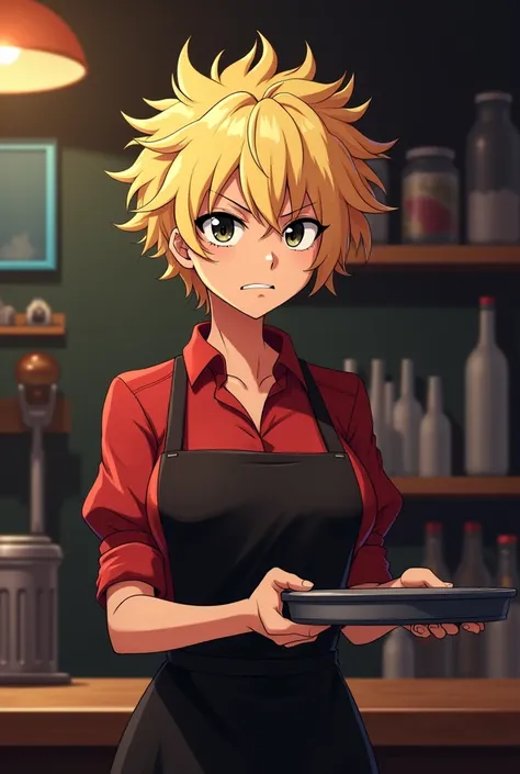 A woman stands near the bar under the dim light with a tray in her hands. She is wearing a red shirt and a waiters uniform with black apron. Blonde woman, she has medium curly messy hair and black eyes. She is angry. Anime style. A wolfcut hairstyle. Black...