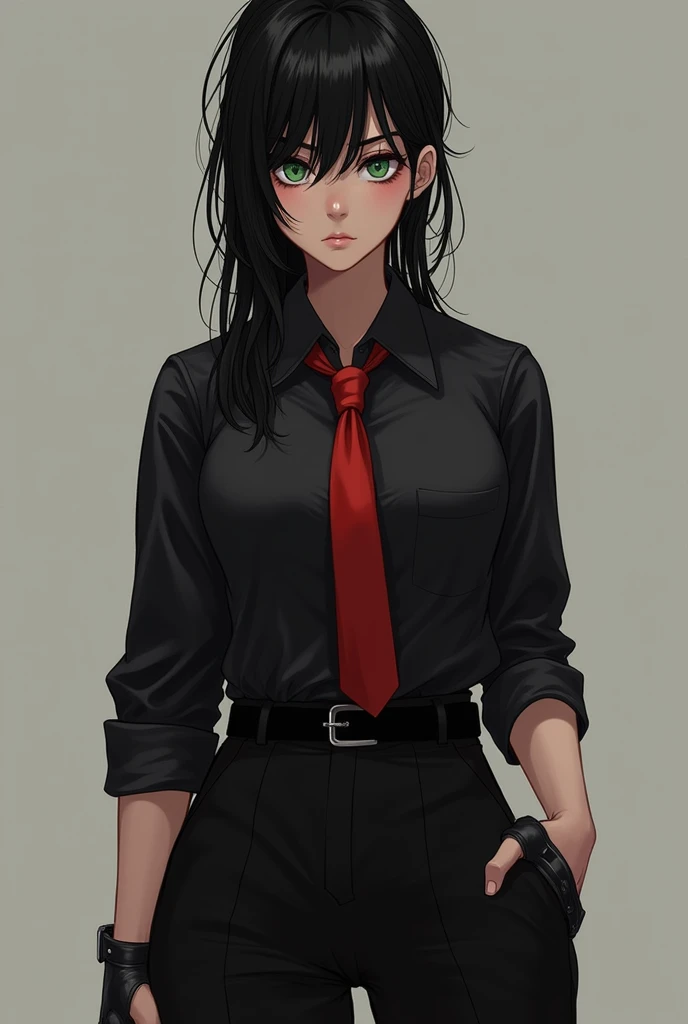  adult girl.  Black hair with front locks and ponytail.  green eyes . Black shirt and red tie, wide black pants , boots. frown