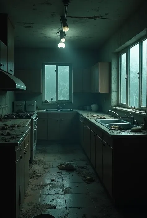 Deteriorated kitchen ,  dirty windows  ,  cutlery disperser , moonlight, Lights out ,  broken and dirty dishes.