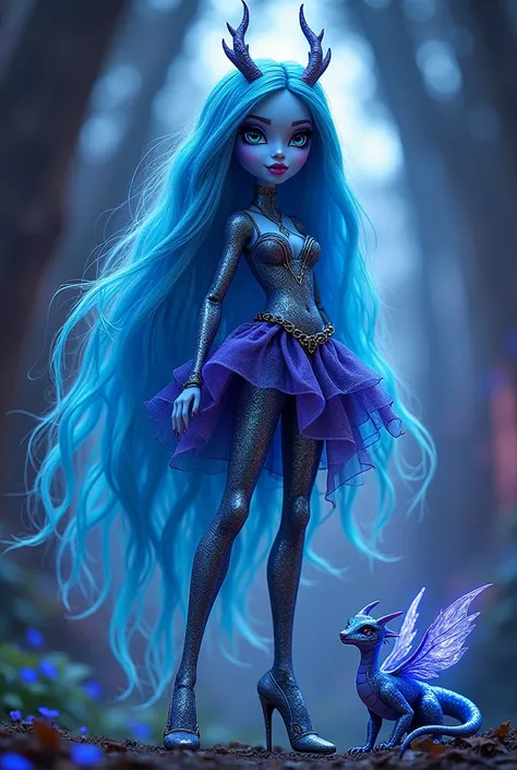  A new Monster High . nebulosa.  Daughter of an alien with bright eyes and iridescent skin,  your essence was a cosmic mystery . By your side,  a small winged creature ,  a crystal dragon named Lumis ,  illuminated every corner of the night .  In the chapt...