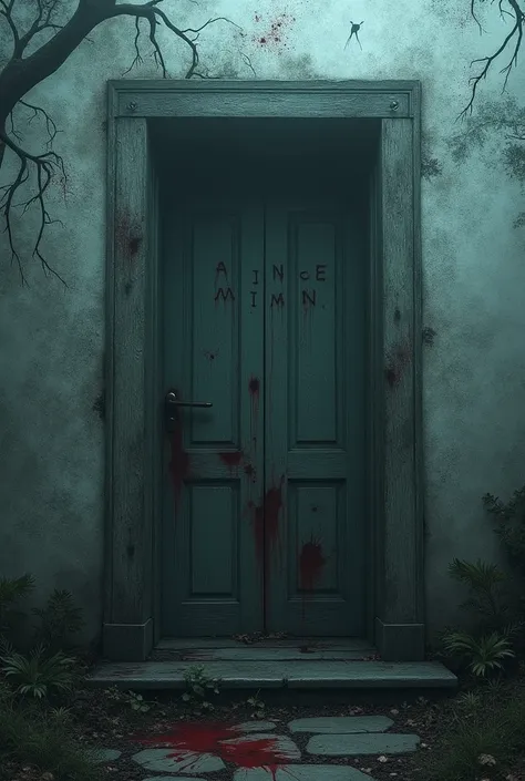 The entrance of an old, haunted mansion at dawn, with blood smeared on the wooden door. Scratches on the walls spell out a name in a chaotic style. The scene is eerie yet serene, with morning fog enveloping the surroundings, and the mansion standing desola...