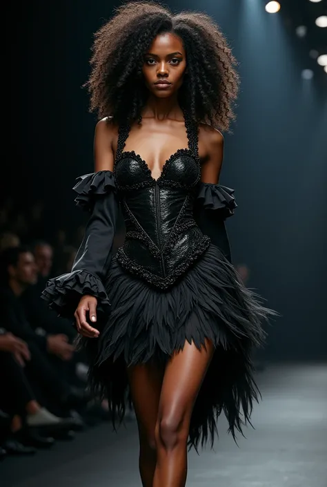 black woman with curly hair, Crow mix short dress in a Gothic fashion show 
