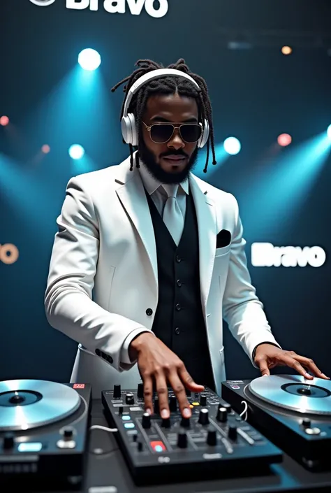 Black DJ, lgiht skinned, white suit, black vest, glass turntables, white headphones, black aviators, white tie, dreadlocks, black letters at the top of image that say BRAVO, black letters at the bottom of image that say CASANOVA, High Resolution, Long Hair...