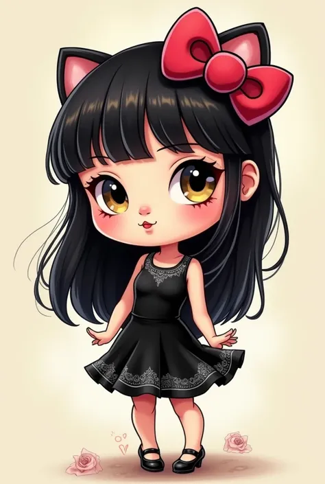 (Hello Kitty mas caricaturestica ) with bangs and long black hair with a black dress