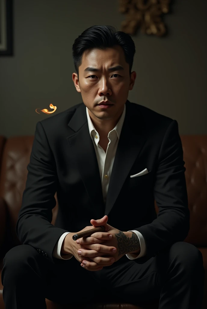 Realistic, realism, 4k, perfect anatomy, high quality, High resolution
An korean man- Mafia (wearing black suit, white skinned) holding burning cigar in his hands, sitting on the couch (relaxed posture), tattoo in his right hand, complete front view, dark ...