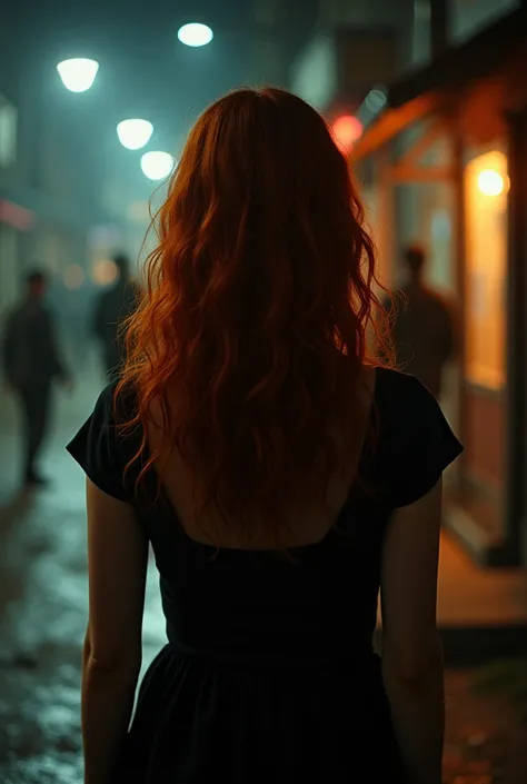 A young redhead with long, wavy hair, with her back turned ((without showing her face)) looking at a blurred crime scene, at night, dark lighting. real photo 8K quality, realistic