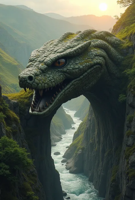 a very distant shot of a tunnel entrance designed to look like the head of a snake with its mouth open. The snake should have sharp fangs, realistic eyes, scales, and nostrils, made from natural stone, and located in a picturesque valley surrounded by hill...