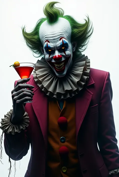 A terrifying clown holding a cocktail all shaded behind it and on a white background 