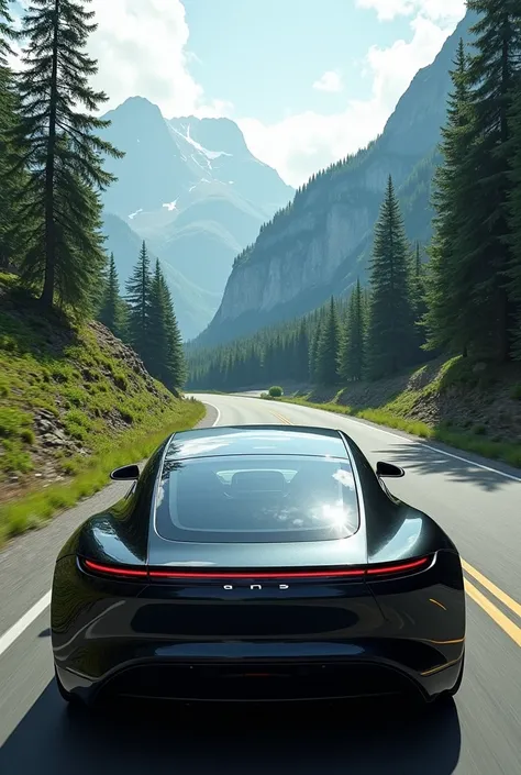 A driverless car driving into the natural beauty. See the interior to know that the car is moving without driver