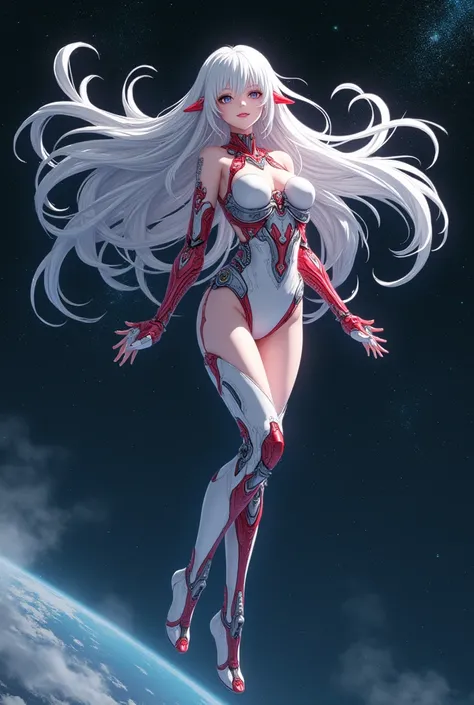 Beautiful anime woman 
In space. long white hair . Red mechanical body 