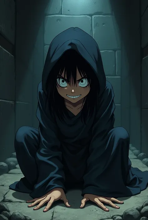 A boy trapped in a dungeon, he is arrested, Has long black hair ,  wears a hooded robe as his only garment , your teeth are sharp and your hair hides your eyes, anime style art