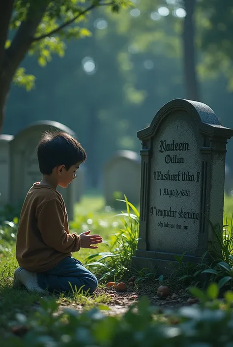 There is a plaque on a grave in the cemetery and mentioned Name Nadeem Ullah and write with Date 1 August 2021
 Every Soul Will Taste Death
And A small boy pray setting near a grave
