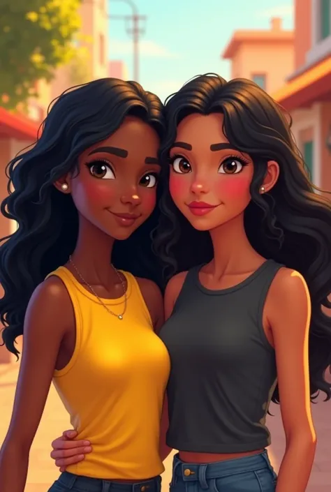 Pixar-type poster: two very dark brown girls, one with long black and wavy hair and the other with medium-long wavy and black hair, one with the yellow sleeveless shirt and the other with a dark gray shirt., The girls who look like teenagers