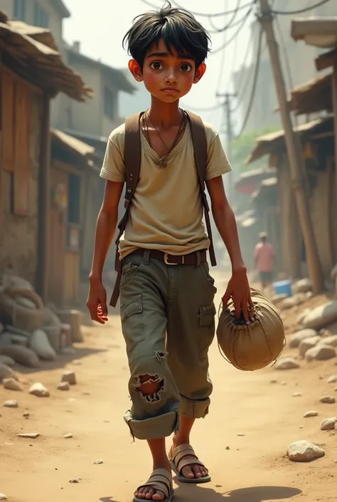 Create an image of a 20-year-old poor Indian boy walking through a rural or urban street. He has a lean build, short dark hair, and medium brown skin. His clothes are simple and worn—perhaps a faded t-shirt or shirt, and rugged, slightly torn pants. He is ...