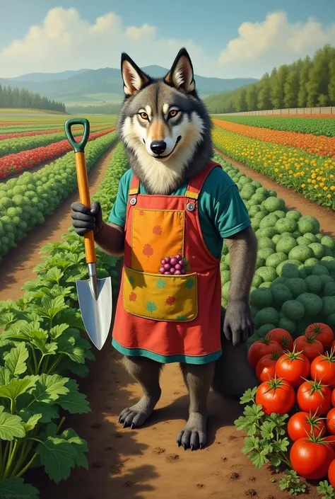 A painting of a funny wolf with an apron and a shovel in his hand , il jardine dans un énorme potager 