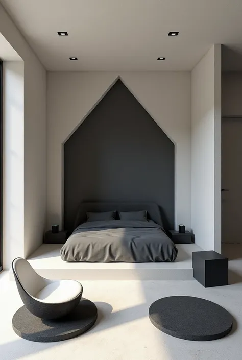 Professional 3d architecture rendering design of modern and minimal and high tech design for boy’s room and this  room made of 2  and  1 black stone cubes chairs and 2 circle  black and white stone chairs and 1 triangle table and triangle  dark grey bed 