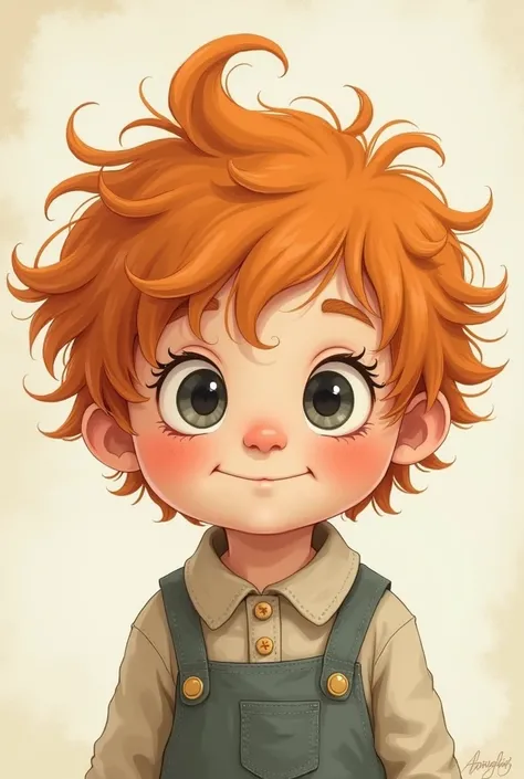 Create a literary illustration in minimalist and vintage style png format of a  toddler with messy orange hair color and big gray eyes. 