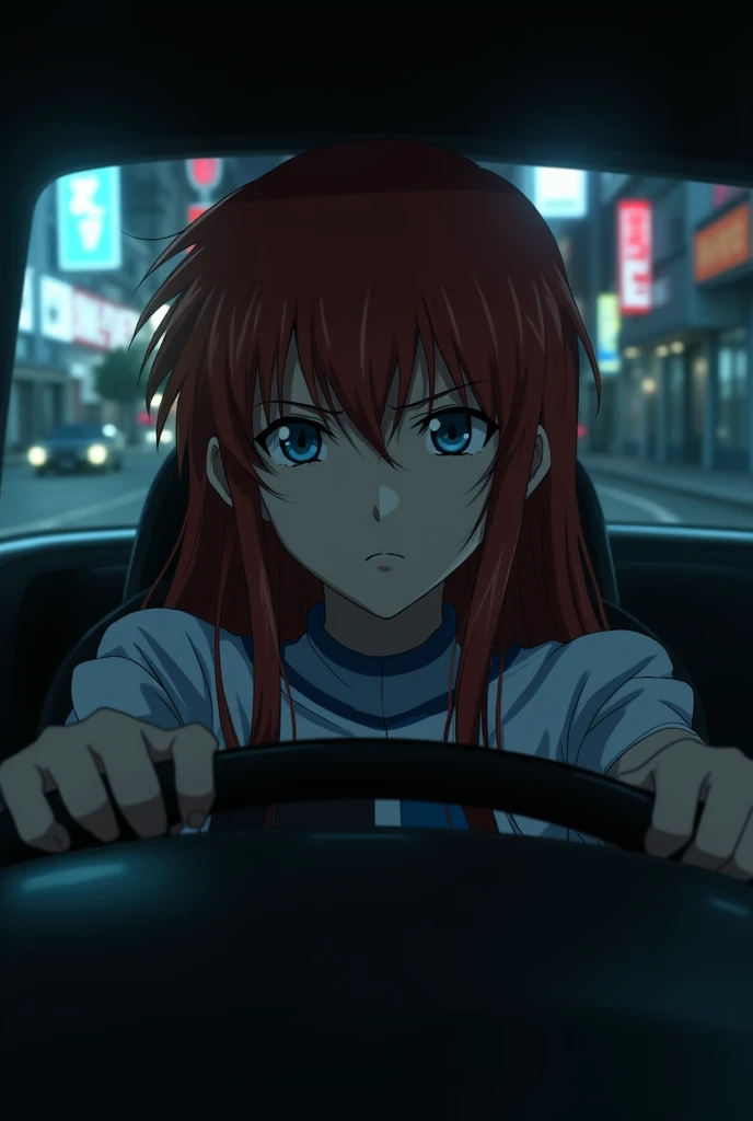 Asuka from the anime Evangelion in the car