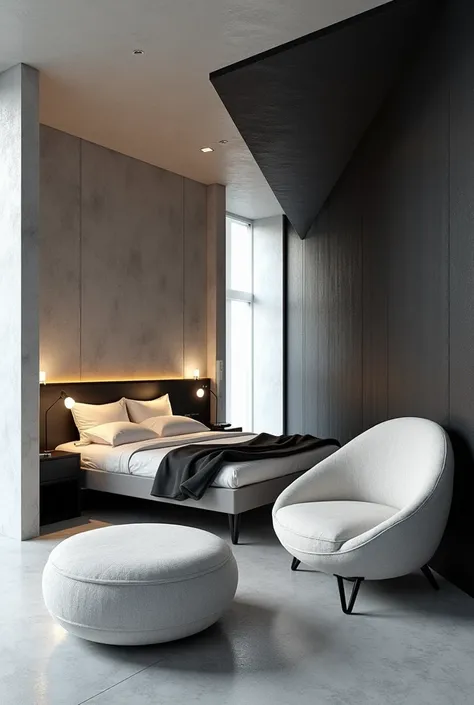 Professional 3d architecture rendering design of modern and minimal and high tech design for boy’s room and this  room made of 2  and  1 black stone cubes chairs and 2 circle  black and white stone chairs and 1 triangle table and triangle  dark grey bed wi...