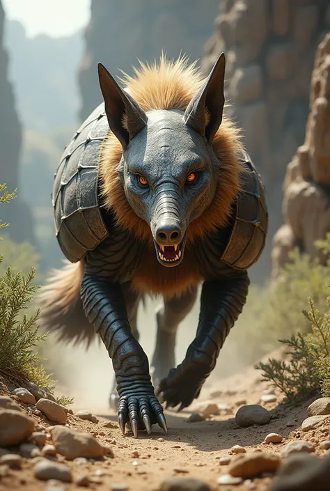 Create a fusion of an armadillo and a maned wolf, merging their traits, becoming a single ferocious creature, maintain the scenery 