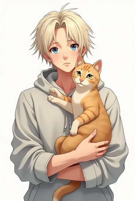 Male platinum blond medium length hair holding a russian bush cat with baggy clothes on a white background anime style
