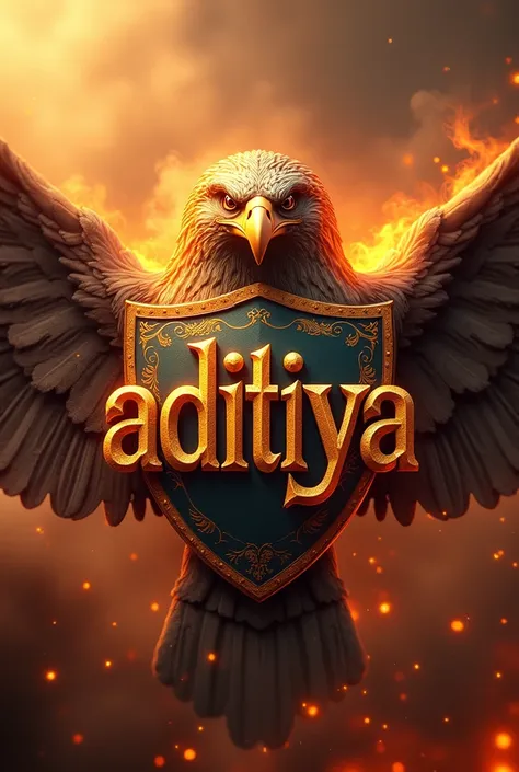 A 3D text saying "ADITIYA", written in the middle of a big eagle head ornamen with a gold Shield and shiny blue solid color,Verry Fiery smoke and Sparks background, realistis unreal engine 5,zoom in,close