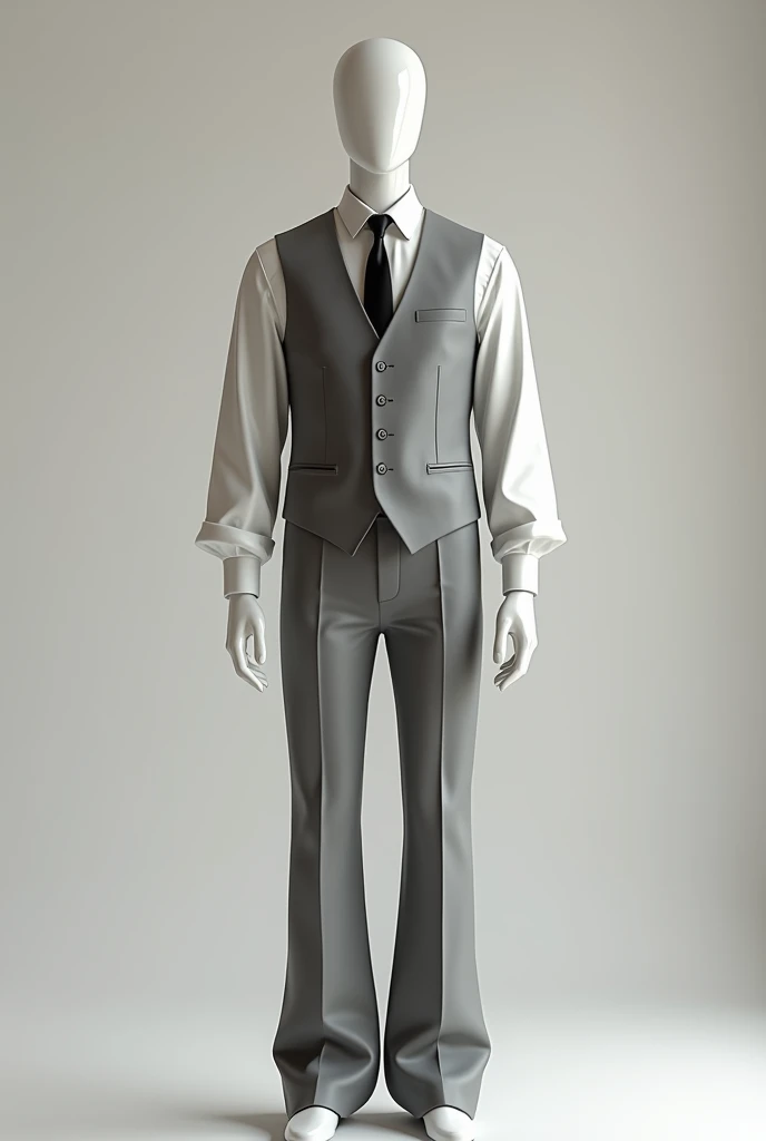       I need you to create a male mannequin that wears a white shirt closed at the waist and that the sleeves of the shirt are a little loose but falling towards the shoulders towards the hand and with a formal dress vest of cold gray color in matters of c...