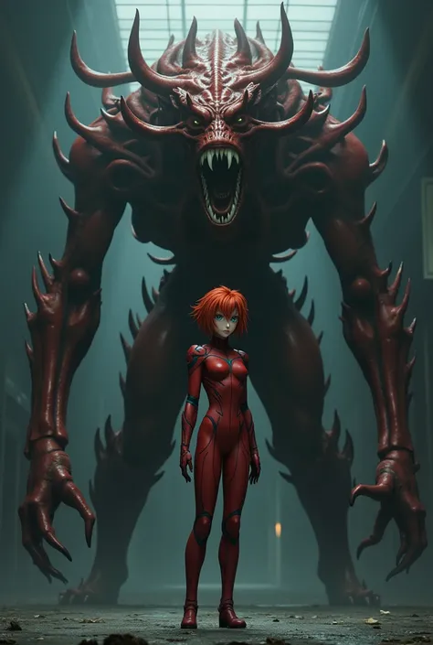 Asuka from Evangelion is photographed next to a demogorgon from very strange things